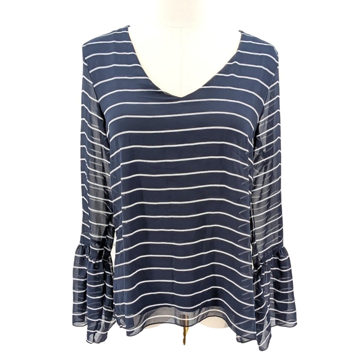 Sheer Stripe Blouse Navy White Bell Sleeve Lightweight Banana Republic S